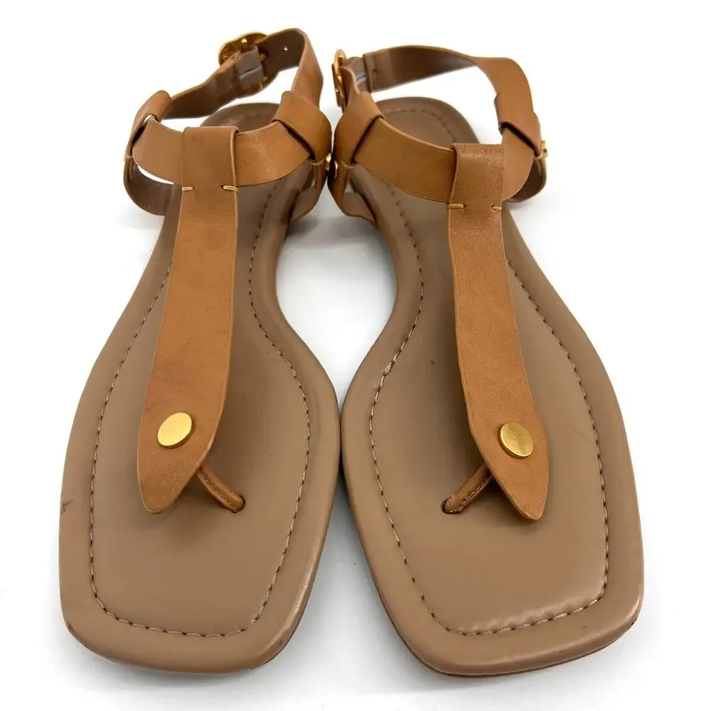 Aerosoles Carmina T Strap Flat Sandals Camel with Gold Accents Size 11